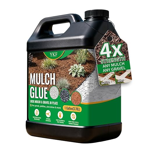 YKF Mulch Glue for Landscaping - 1 Gallon Permeable Gravel Binder &amp Rock Adhesive - Strong Hold for Pea Gravel Wood Chips Rubber Mulch &amp Sand - Pet Safe Fast Drying Stabilizer