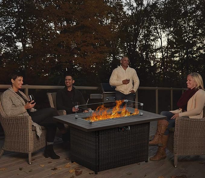Propane Fire Pit Table44 Inch 55000 BTU Outdoor Gas Fire Pit Rectangular with Glass Wind Guard for Outside Patio Deck (Brown-Aluminum Top)