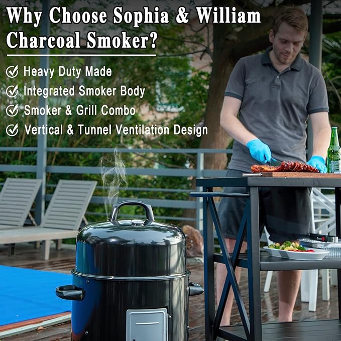 Sophia &amp William 17 Vertical Charcoal Smoker Grills with Two-Tier Grates Heavy-Duty Integral Chamber and Tunnel Ventilation System for BBQ Patio Outdoor Camping(Black)