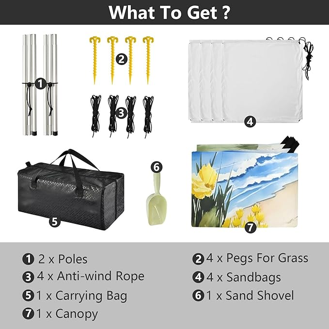 Beach Beach Canopy Sun Shelter with Sandbags &amp Sand Shovel &amp Windproof Ropes - Portable 110x126 Beach Shade Beach Tent for Camping Picnics