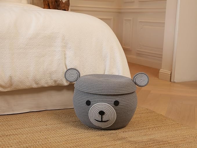 Cottonphant Handcrafted Animal Inspired Basket with Lid (Grey Bear 15x12)