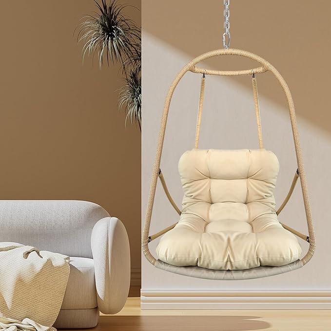 Without Stand Swing Egg Chair Indoor Outdoor Wicker Rattan Patio Basket Hanging Chair with C Type Bracket with Cushion and PillowPatio Wicker Folding Hanging Chair(Special Construction Cup Holder