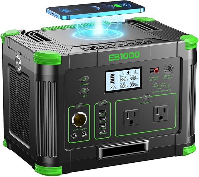 Solar Generator 1000W (Peak 2000W) 999Wh Portable Power Station with 110V Pure Sine Wave AC Outlets 60W USB-C PD Fast Charging for Home Backup RV Camping Travel &amp Emergency Off-Grid Living