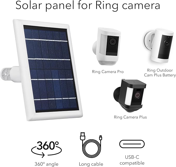 Wasserstein Solar Panel Compatible with Ring Spotlight Cam/Plus/Pro Battery Stick Up Cam/Pro &amp Outdoor Cam Plus Battery - Continuous Power for Ring Surveillance Camera (1-Pack White)