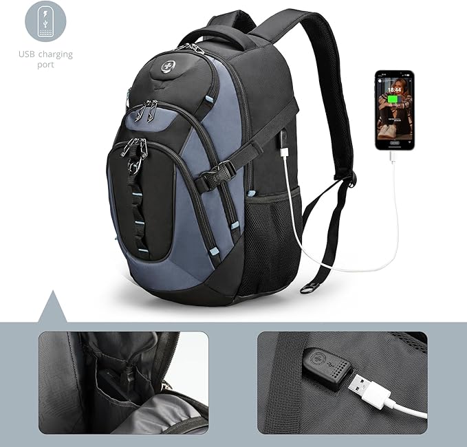 Swissdigital Design Laptop Backpack with USB Charging Port Travel Backpack Fits 15.6 inches Computer 31L College School Backpack for Men Haze Blue/Black | SD803-16