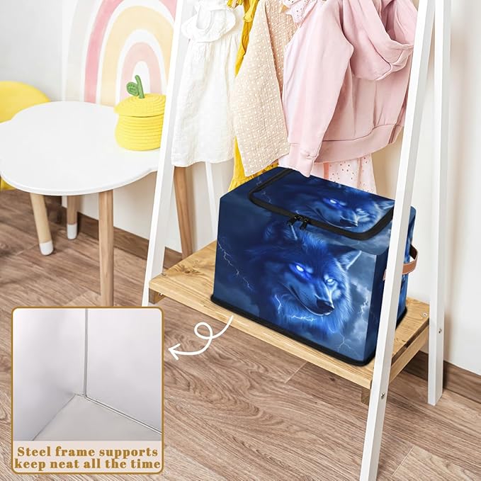 Blue Wolf Storage Box with Lid Wild Animal Collapsible Storage Bins Baskets Cubes Closet Shelf Clothes Organizer Containers with PU Leather Handles