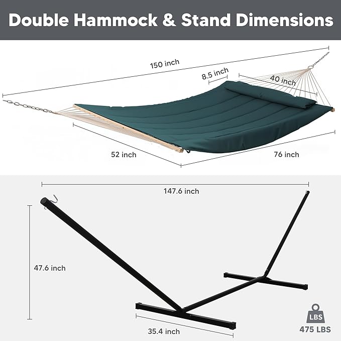 SUNCREAT Hammocks Two Person Hammock with 12ft Stand Included Max 475lbs Capacity Heavy Duty Free Standing Hammock Dark Green