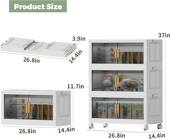 62 Gal Stackable Plastic Storage Bins with Lids 3 Tier Collapsible Closet Organizers and Storage with Wheels for Living RoomOfficeDorm 26.8 W x 14.4 D x 37 H