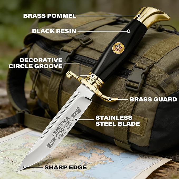 DISPATCH 250th Anniversary Commemorative Fixed Blade Knife 10.2'' Mirror Polished Stainless Steel Full Tang Blade with Dual Fullers Gold-Plated Guard &amp Pommel Resin Handle Composite Leather Sh