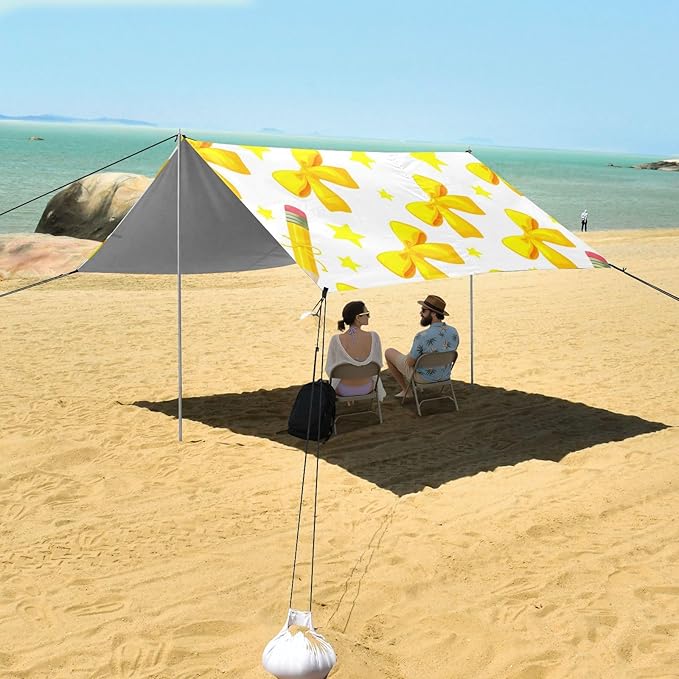 xigua Bow Tie Beach Tent Sun Shelter with Carrying Bag - Silver Coated Oxford Fabric Beach Canopy for Beach Camping Fishing - Includes Windproof Ropes Sandbags &amp Stakes