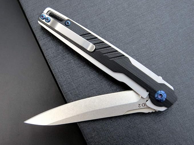 Eafengrow EF942 EDC Folding Knife D2 Steel Blade Titanium Plating &amp G10 HandlePocket Clip with Frame Lock EDC Pocket Knife for Camping Hiking Survival Outdoor(Black)