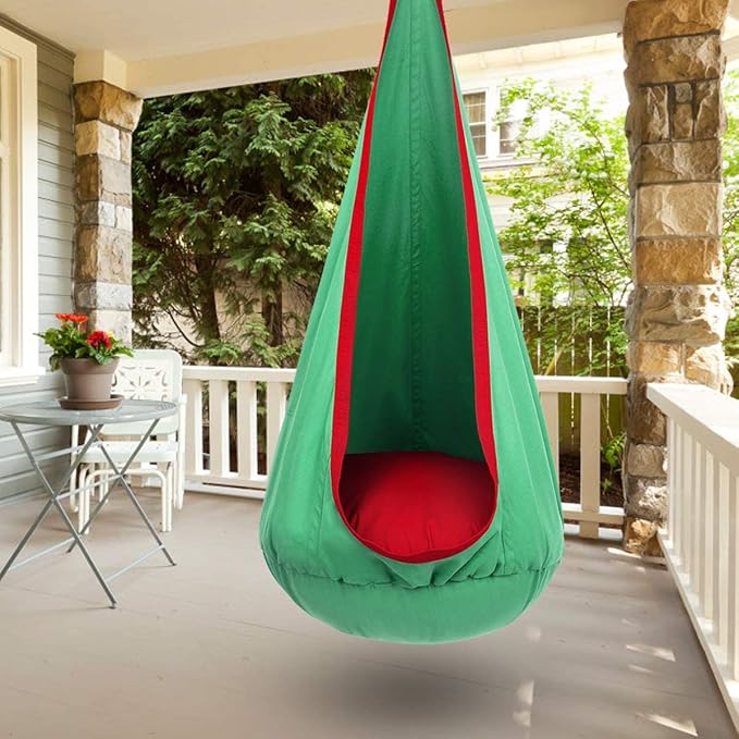 Y- STOP Kids Pod Swing Chair Hammock Chair Swing with Inflatable Pillow Sensory Swing with Pocket for Outdoor and Indoor Max 176Lbs(Green and Red)