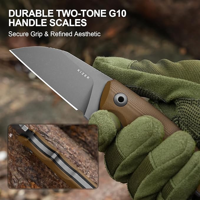 Kizer Snick Fixed Blade Knife with Sheath 2.68 AEB-L Steel Sheepfoot Camping Knife with Brown G10 Handle EDC Knives for Hiking 1085A2