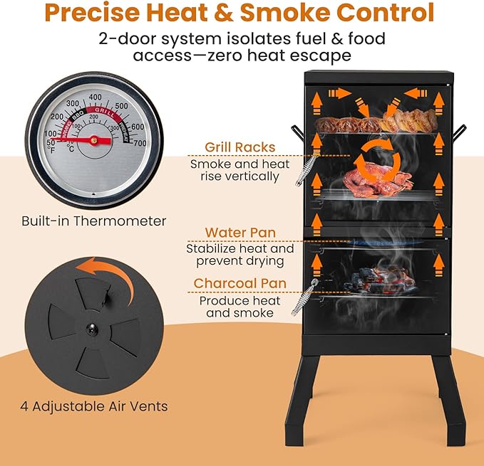 Giantex Outdoor Smoker with Double Doors 2 Detachable Grill Netting Smoking Racks Charcoal Pan &amp Water Pan 4 Air Vents Thermometer Vertical Charcoal Smoker for Barbecue Camping Backyard Grill