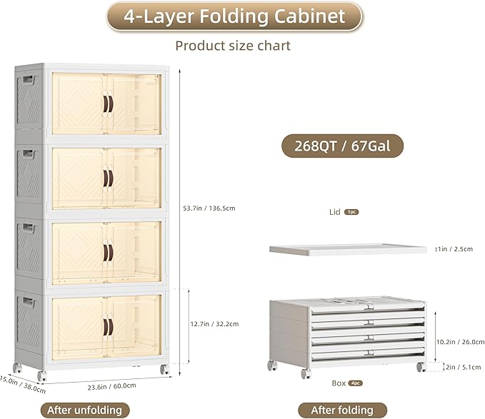 268 QT / 67 Gal White Storage Bins with 1 Lid - Collapsible Stackable Cabinet Organizer w/Wheels &amp Magnetic Doors Plastic Storage Box for Office Closet Organization