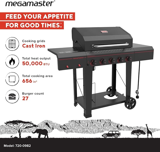 Megamaster 5-Burner Propane Gas Grill with Side Tables Accessory Hooks 50000 BTUs 656 SQ. In. Cooking Space 2 Wheel Transport Outdoor Kitchen Grill for BBQs Backyards and More - 720-0982