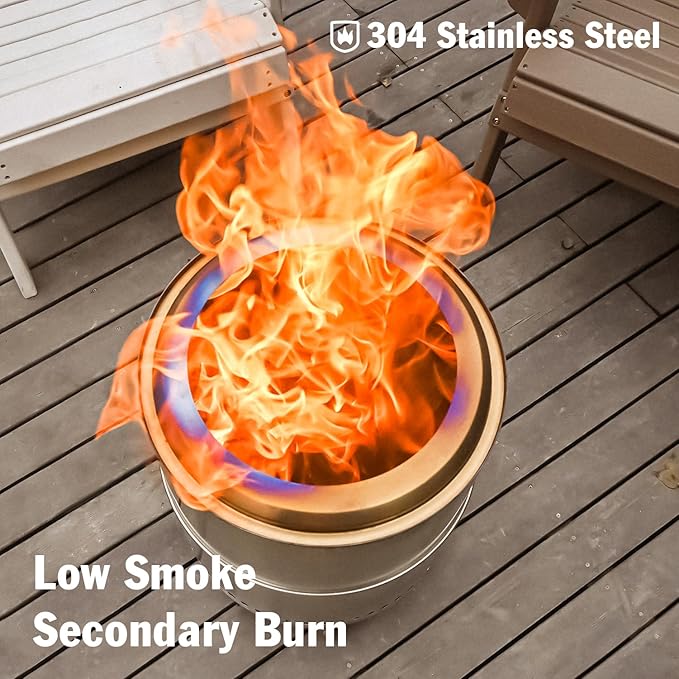 BRIOPAWS Large Smokeless-fire-pit Outdoor | 15 IN | 304 Stainless-Steel-Firepit | Portable Solo Fire Pits for Outside Camping | Low Smoke Stove | Wood Burning Chimenea Inclu. Bag BBQ Forks Handles