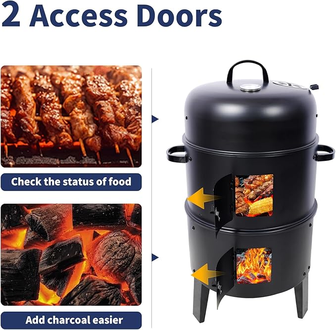 16 inch Vertical Charcoal Smoker Mini BBQ Grill Fire Pit 3-in-1 with Built-in Thermometer Adjustable Air Vent Idea for Parties Backyard Patio Camping