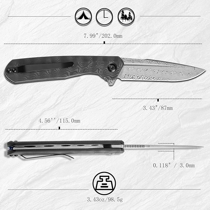 KANSEPT Qilin Pocket Knife3.24'' Damascus Sharp Blade Black Rose Carbon Fiber Handle for Edc Flipper and Liner Lock with Double-Sided Clip Men Camping Survival Folding Knives K1047A2
