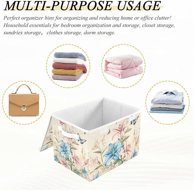 Collapsible Storage Bins with Lids Decorative Fabric Storage Cubes Closet Organizer and Storage Basket Boxes Containers for Clothes Box Chest Nursery Folding Rectangle Pretty Lily Flowers and