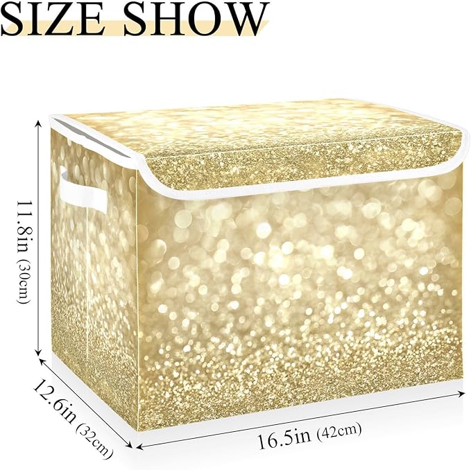 Golden Glitter Yellow Fabric Storage Boxes with Lid and Handles Foldable Storage Bins Organizers Cube Basket for Closet Home Office 1 Pc