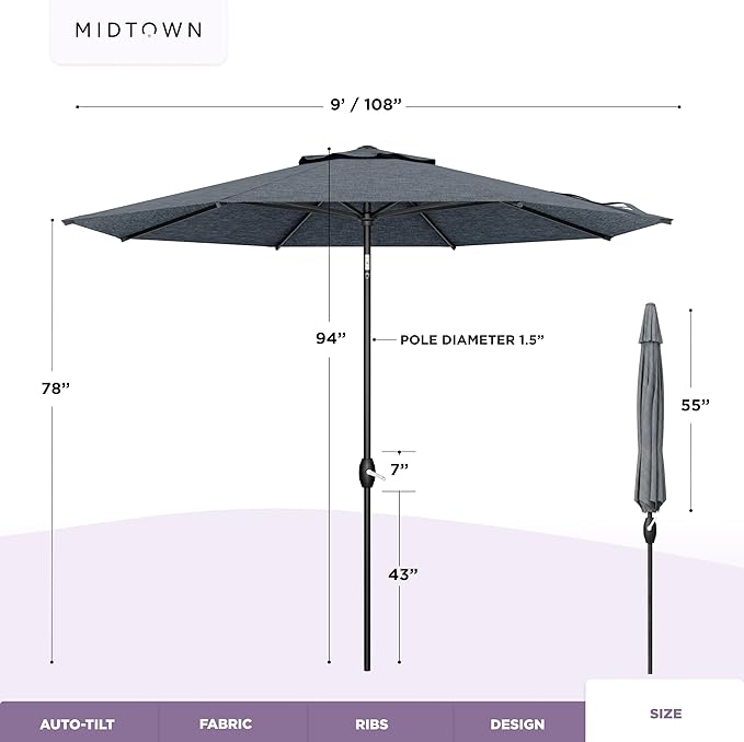 Midtown Umbrellas 10-Year-No-Fade - 9 Ft - UV Proof Heather Grey Polyester Fabric - Umbrella Outdoor Patio Auto-Tilt Aluminum Frame Patio Umbrella for Garden Pool &amp Deck - Black Pole