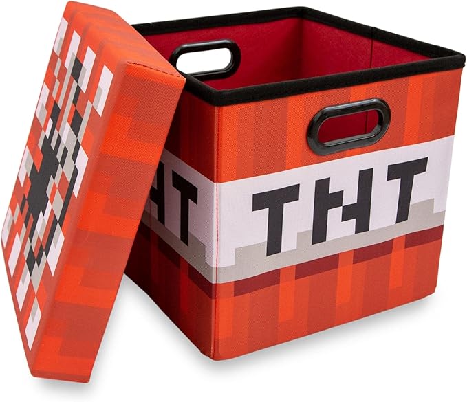 MINECRAFT TNT Block 13-Inch Storage Bin Chest With Lid | Foldable Fabric Basket Container Cube Organizer With Handles Cubby For Shelves Closet | Home Decor Essentials Video Game Gifts