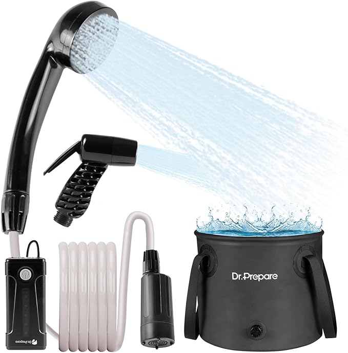 DR.PREPARE Portable Shower for Camping Camping Shower with 4.5 Gallons Foldable Bucket USB Rechargeable Battery 2 Shower Heads Outdoor Camp Showers for Hiking Travel Climbing Pet Cleaning