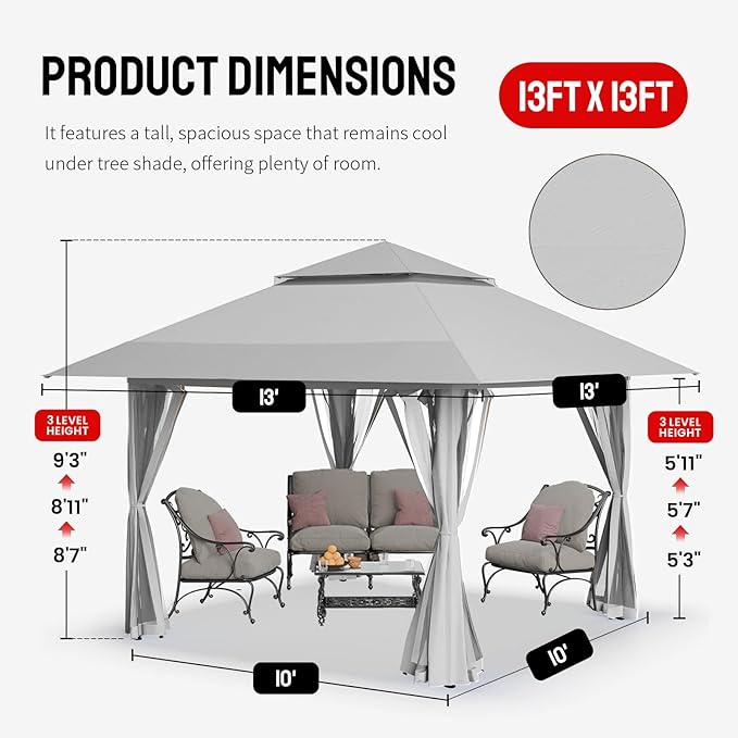 CROWN SHADES 13x13 Pop Up Gazebo Canopy Tent Gazebos on Clearance - Outdoor Gazebo for Backyard &amp Patio Furniture - Carpa Pop Up Tent with Wheeled STO-N-Go Cover Bag (Grey)