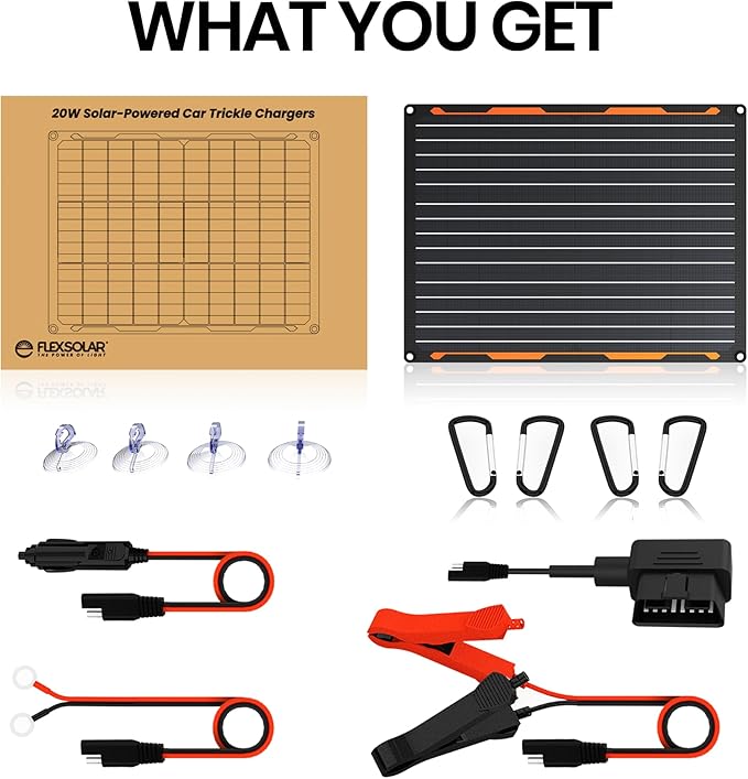 FlexSolar 20W 12V Solar Panel Battery Charger Maintainer Kits Trickle Charger with Built-in Charge Controller Cigarette Lighter Alligator Clips O-Rings OBDII Connector for Car TruckTractor Boat