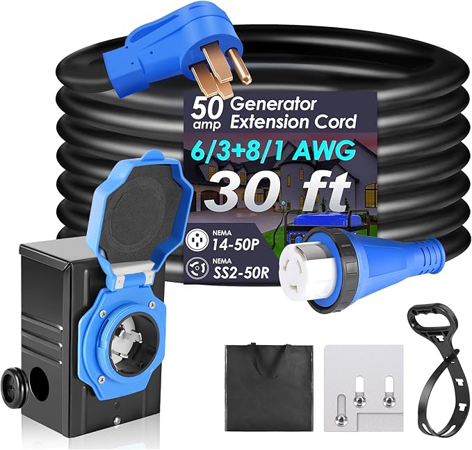 Seeutek 50 Amp Generator Cord 4 Prong 30 FT Generator Extension Cord with Pre-drilled Power Inlet Box &amp Interlock Kit NEMA 14-50P/SS2-50P Functional Cable High Conductivity ETL Listed