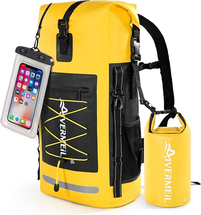 Dry Bag Waterproof Backpack 35L for Men &amp Women Roll-Top Hiking Backpack with IPX8 Waterproof Phone Case &amp Detachable Mini Backpack for Kayaking Boating Cushioned Padded Back Yellow