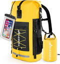 Dry Bag Waterproof Backpack 35L for Men &amp Women Roll-Top Hiking Backpack with IPX8 Waterproof Phone Case &amp Detachable Mini Backpack for Kayaking Boating Cushioned Padded Back Yellow