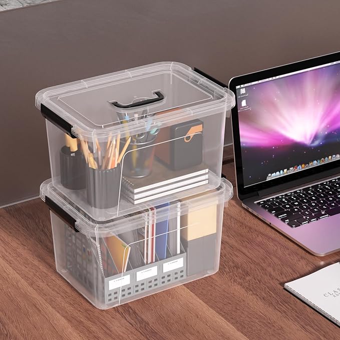 6 Packs 12 Quart Clear Latching Storage Boxes Plastic Storage Bin with Handle