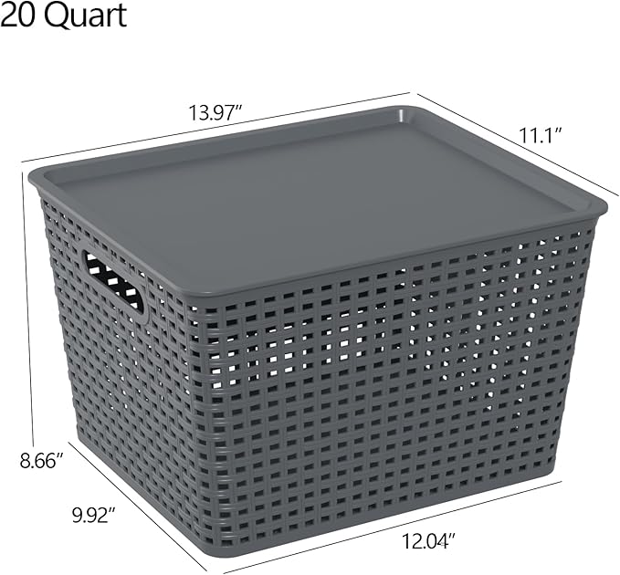 20 Quart Plastic Weave Storage Basket Bin with Lid Large Stackable Baskets 6 Packs