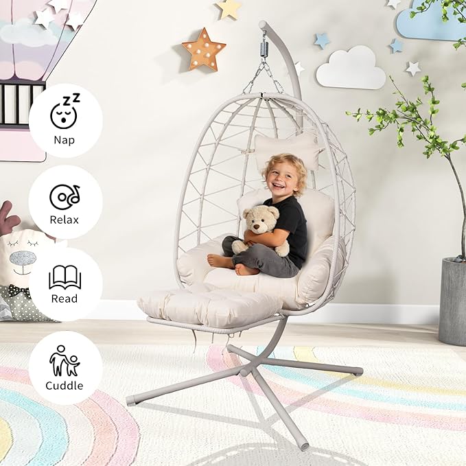 Hanging Egg Chair with Stand Outdoor Indoor Patio Rattan Swing Hammock Chairs with Washable Cushion PE Wicker Swing Chair for Backyard Bedroom Garden (White + White Cushion with Footrest)
