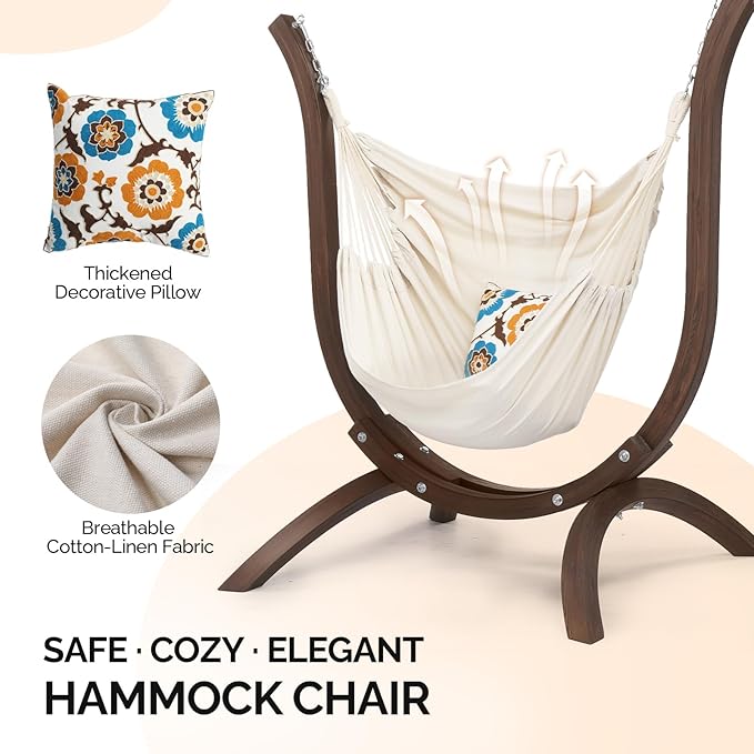 ONCLOUD Hammock Chair with Wooden Stand Curved Hanging Chair Set with Throw Pillow Portable Wooden Hammock Chair for Outdoors 330LBS (Carbonized)