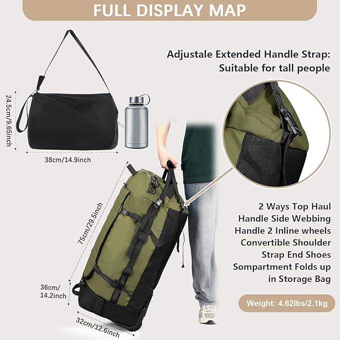 Rolling Duffle Bag with Wheels86L 30”Folding Duffle Backpack with 2 WheelsTravel Bag with Separate Shoe Compartment (Green)