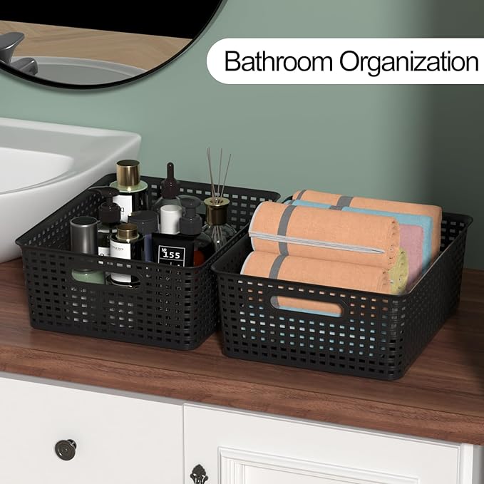 6 Packs Plastic Woven Storage Basket with Lids Lidded Storage Basket Bin for Shelves 14.05 L x 11.65 W x 5.31 H Black