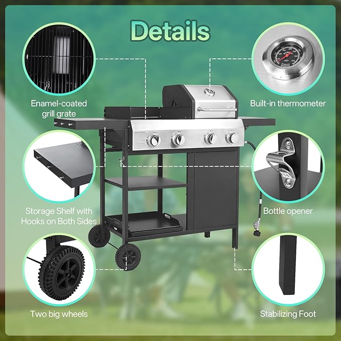 Endark 49200 BTU 4-Burner Multi-Function Stainless Steel BBQ Grill - For Outdoor Cooking Patio Backyard Barbecue Camping - Griddle Combo for BBQFRYING and PIZZA
