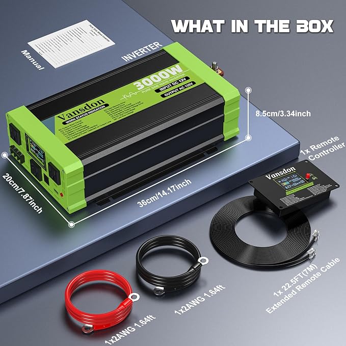 3000W Pure Sine Wave Inverter 12V DC to 120V AC Power Inverters for RVTruck Solar Home Off-Grid Car with LCD Display 3 AC Outlet 30W USB-C 5V 2.1A USBRemote Control Surge 6000W