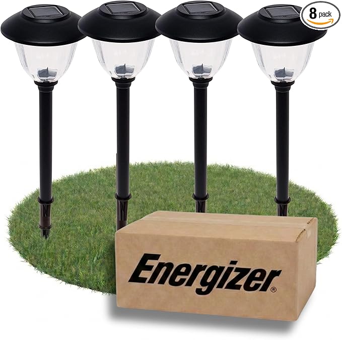 Energizer Solar Lights for Driveway - 8 Pack 15 Lumen Solar Landscaping Lights with Patterned Glass &amp Metal Finish Easy to Install Weather Resistant &amp Waterproof Walkway Lights for Patio - Bl