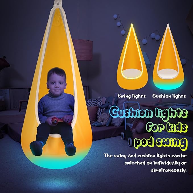 Light Up Kids Pod Swing Seat Kids Hanging Hammock Swing with LED Lights Sensory Pod Swing Chair with Inflatable Pillow &amp All Accessories Pod Swing for Kids Indoor &amp Outdoor (Yellow)