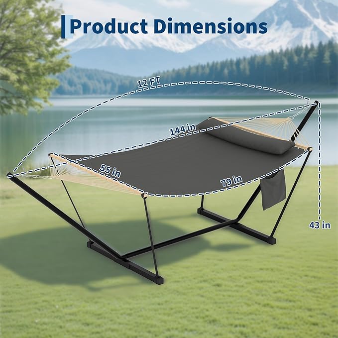 Double Hammock with Stand - Heavy Duty Portable 2 Person Design with Adjustable Steel Stand Max 450LBS Ideal for Outdoor Patio Garden Beach &amp Backyard