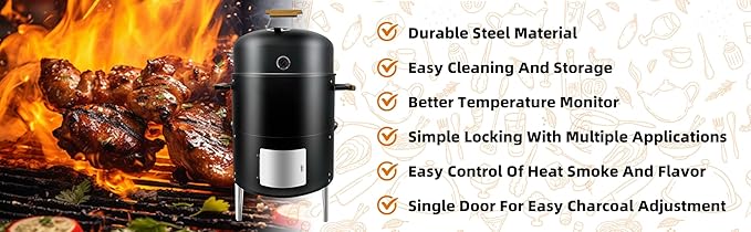 17 BBQ Smoker Grill Built in Thermometer Air Vent and adding charcoal door Multi-Layer heavy duty Meat Smoker Grill