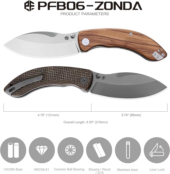 Petrified fish PFB06 Folding Knife3.74 14C28N Steel Stonewashed Blade Micarta Handle Folding knife for EDC Camping Outdoor (Brown Micarta)