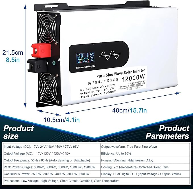 6000W/8000W/10000W/12000W Hybrid Solar Inverter DC 12V/24V/48V/60V/72V/96V to 110V-120V AC Split Phase Inverter with Pure Sine Wave Parallel Inverters for Home Energy Storage24V-12000W