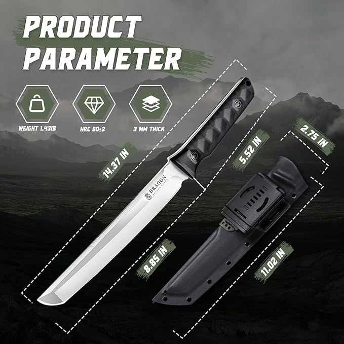 Dragon Creek Tactical Knife Kydex - Outdoor Fixed Blade Survival Knife with Sheath Full Tang Handle for Camping Hiking Christmas Thanksgiving Gift Men Green