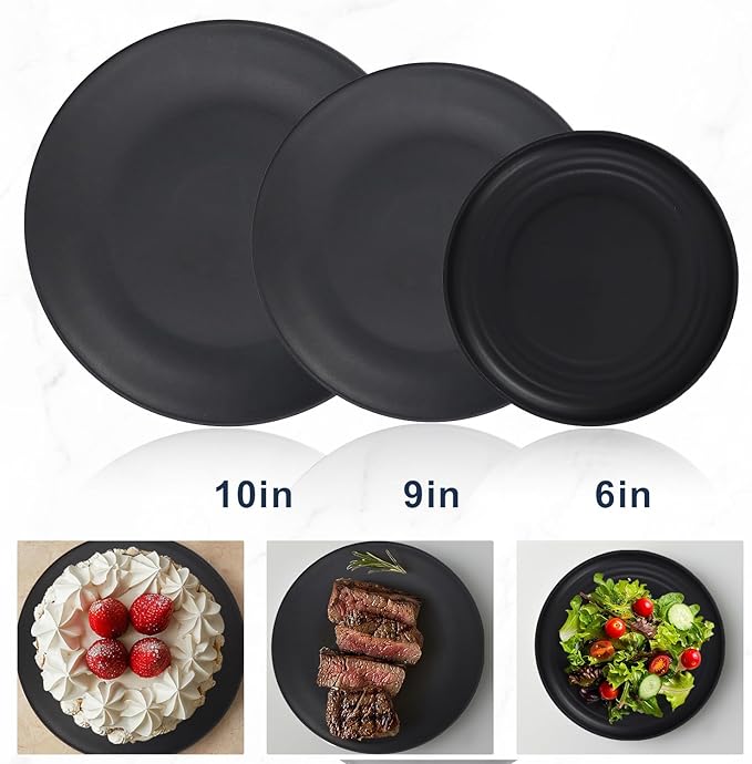 Wrova Wheat Straw Dinnerware Set of 40 Pieces - 10 &amp 9 Plates 6 Snack Plates 26oz &amp 12oz Bowls &amp Cups - Unbreakable Microwave &amp Dishwasher Safe - Black