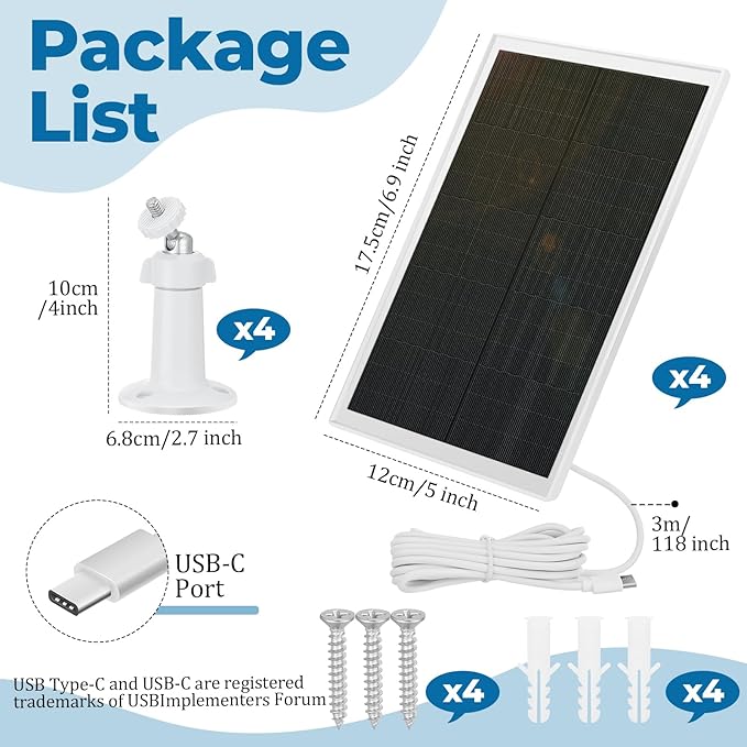 Kanayu 4 Pack Solar Panel for Security Camera Charger Compatible with Rechargeable Battery Camera 5v 6w USB Solar Panel with USB C Port Ip66 Waterproof 9.8ft Cable 360° Adjustable Mount